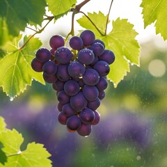 Close up of a bunch of ripe purple grapes on a vine in a vineyard