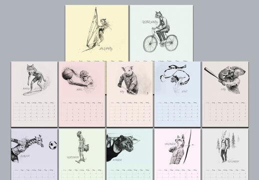 Illustrated calendar with anthropomorphic animal sports theme