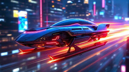 Futuristic flying car concept art in cyberpunk city with neon lights and motion blur for digital wallpaper on transparent background