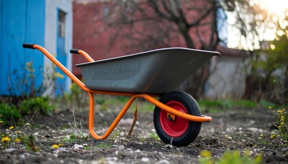 Wheelbarrow in Garden Ready for Work with Orange Frame and Black Tire