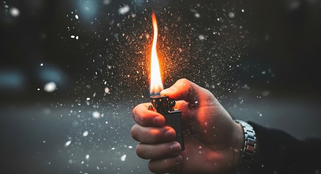 Hand holding a lighter with a flame and sparks flying in the dark night