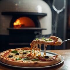 Delicious pizza with melting cheese being lifted from a pizza oven