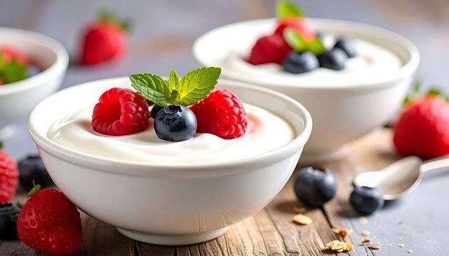 Close-up of two white bowls of creamy dairy dessert topped with fresh berries and mint leaves, resting on wooden surface