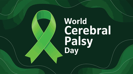 World Cerebral Palsy Day ribbon graphic – green awareness symbol with bold white text and abstract waves for inclusion, support, and advocacy