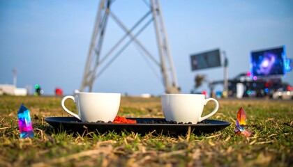 White Coffee Cups on Tray Outdoors with Green Grass and Crystals