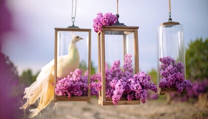 White Bird and Purple Flowers in Decorative Lanterns Outdoor