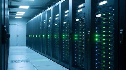 Shot of a Working Data Center With Rows of Rack Servers. Led Lights