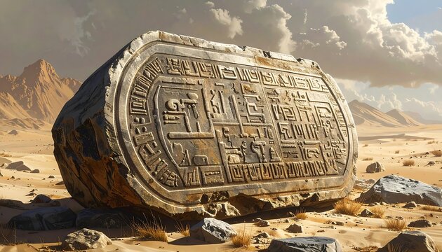 A large, weathered stone tablet with carved hieroglyphs rests on a sandy plain under a cloudy sky, desert landscape