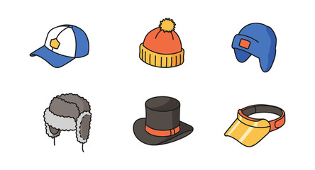 Collection of colorful hats in isometric style featuring various designs and types for diverse fashion options