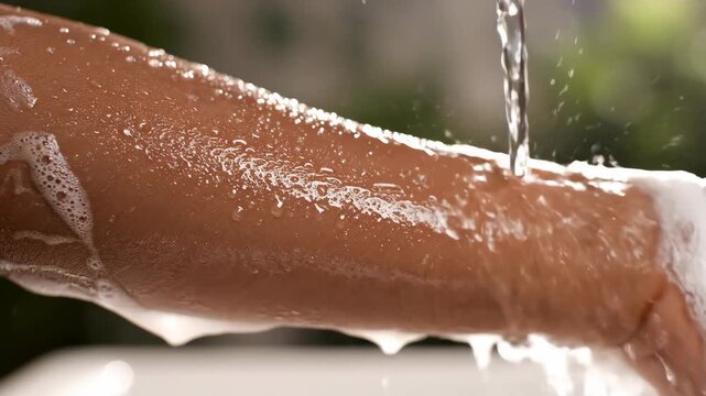 Arm Getting Soaped up During Morning Shower in Bathroom