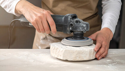 手元クローズアップで映す職人の丁寧な石研磨作業