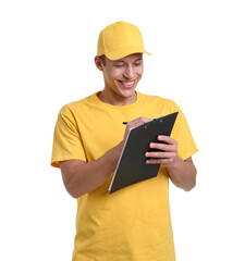 Portrait of courier with clipboard on white background