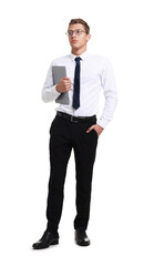Young businessman with laptop on white background