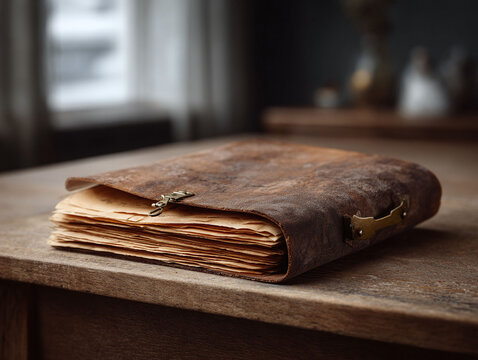 Rustic, aged leather journal on a wooden surface. Antique style. Represents history, memories, writing, or knowledge. Perfect for vintage, fantasy, or sentimental themes.