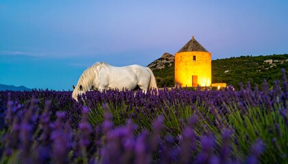 White Horse Grazing in Lavender Field Near Illuminated Structure at Dusk