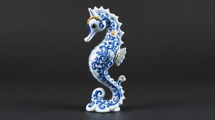 Blue and white porcelain seahorse statue with gold ornament