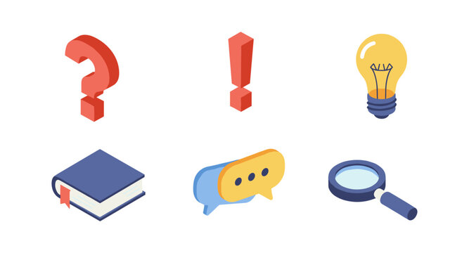 Isometric icons: question mark, exclamation, light bulb, book, speech bubbles, magnifying glass