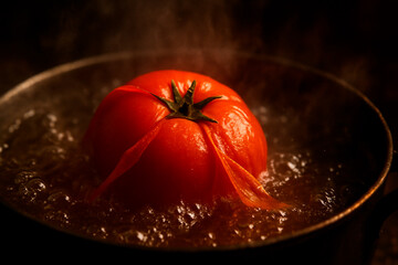 Tomato blanching in boiling water with peeling skin and steam
