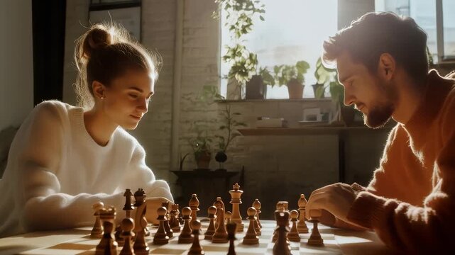 Concentrating, a young couple sits at a wooden table by the window in a cozy apartment, playing chess and enjoying their strategic intellectual hobby