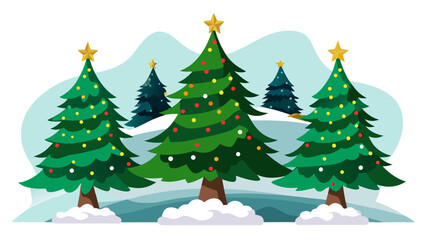 Fototapeta premium Vector art of christmas trees with snow and mountains festive season with decorated fir trees and star toppers in winter landscape