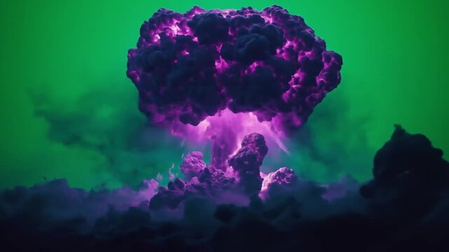 A dramatic purple explosion against a vibrant green backdrop, depicting a surreal nuclear blast