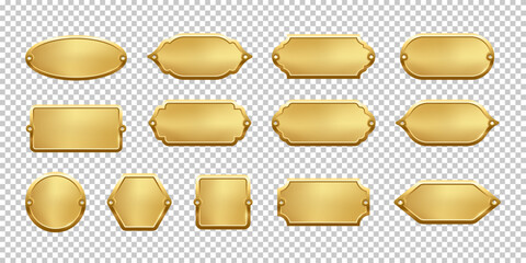 Blank golden metal nameplate plaques in various vintage shapes with decorative edges and screw holes. Metallic gold labels for engraving, signage, awards, door signs. Realistic vector illustration.