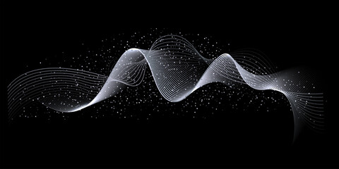 Silver waves background. White wave lines with glowing light effect on black background. Curved abstract stripes forming fluid motion and elegant movement. Dynamic modern vector design.