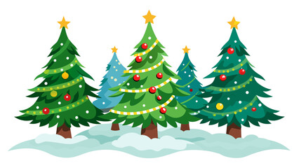 Obraz premium Vector art of a group of decorated christmas trees standing in the snow, creating a festive and joyful holiday scene
