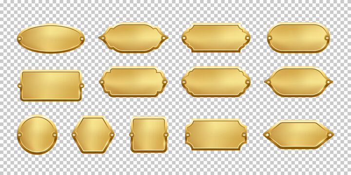 Blank golden metal nameplate plaques in various vintage shapes with decorative edges and screw holes. Metallic gold labels for engraving, signage, awards, door signs. Realistic vector illustration.