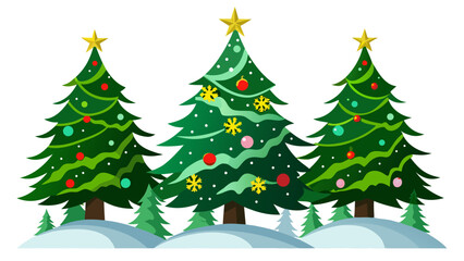 Obraz premium Vector art of three decorated christmas trees with golden stars on top, a festive holiday season celebration in winter time