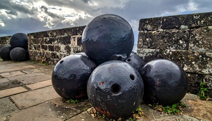 A weathered brick wall and large cannonballs are piled on the stone ground against a cloudy sky