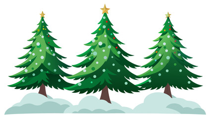 Fototapeta premium Vector art of three green christmas trees with snow festive holiday decoration for new year celebration and winter season
