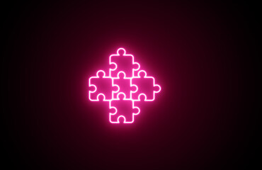 Neon glowing puzzle icons. Neon Game icons. Pink color puzzle solve icons on black background.	