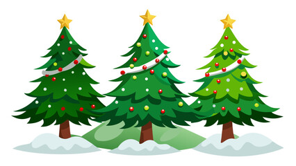 Fototapeta premium Vector art of three green christmas trees with snow festive holiday decoration for new year celebration and winter season
