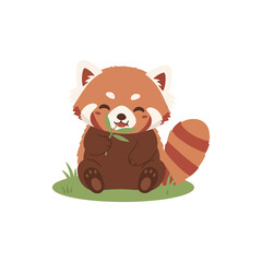 A cute adorable red panda eating bamboo leaves in playful vector clipart illustration. Adorable kawaii baby ailurus fulgens clipart