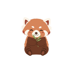 A cute adorable red panda holding a green leaf vector clipart illustration. Adorable kawaii baby ailurus fulgens clipart