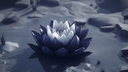 Elegant white and dark blue lotus flower in tranquil pond scenery illustration