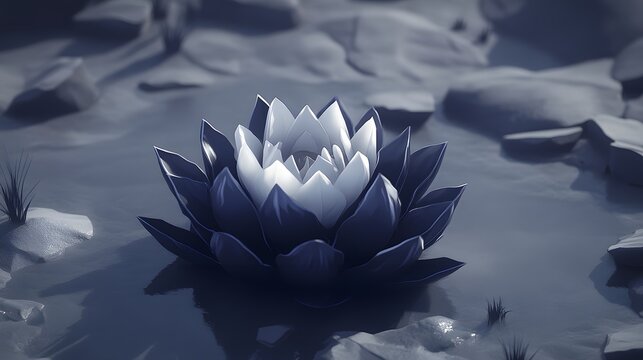 Elegant white and dark blue lotus flower in tranquil pond scenery illustration - Powered by Adobe