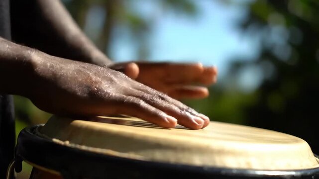 Man Plays a Drum Outside on a Sunny Afternoon