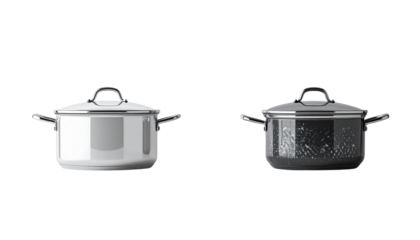  Kitchen pot collection with paired styles of lidded cookware, isolated on transparent background