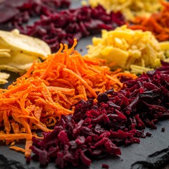 Fototapeta premium An overhead, close-up shot showcases arranged, shredded vegetables on a dark surface. Diverse colors create an appetizing presentation