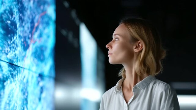 Female researcher analyzing big data visualizations on digital wall, modern AI-driven technology environment female researcher, big data analysis, AI-driven visualization, digital