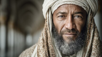 Fototapeta premium Focused portrait of a wise man in traditional headdress with solemn expression