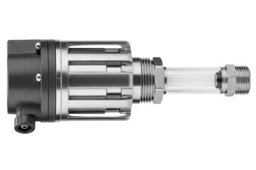 Industrial liquid level sensor with metal housing on a transparent background