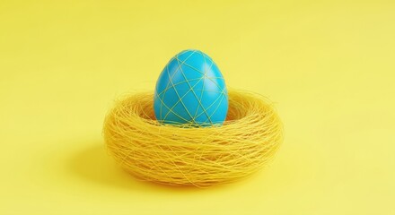 A blue easter egg with yellow string in a yellow nest on a yellow background in studio lighting