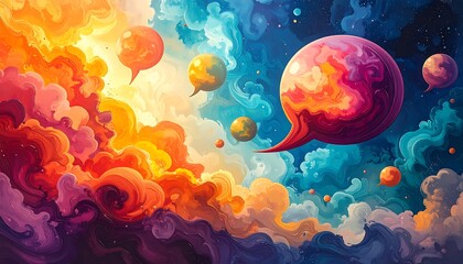 Colorful Dialogue Bubbles Floating in a Dreamlike Sky.