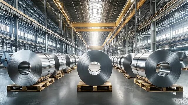 Many large steel coils are stacked neatly in the warehouse, ready for industrial processing and transport.