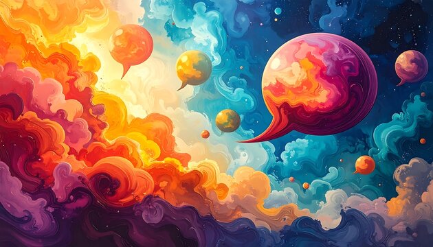 Colorful Dialogue Bubbles Floating in a Dreamlike Sky.