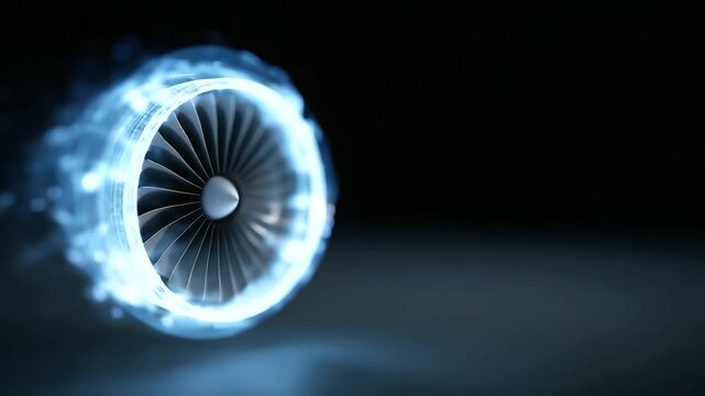 High-tech 3D rendered jet engine with glowing airflow simulation, futuristic aerospace and aviation engineering concept 3D rendered engine, glowing airflow