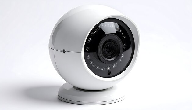 A white, orb-shaped security camera with a prominent lens and circular array of LEDs, set against a clean white backdrop